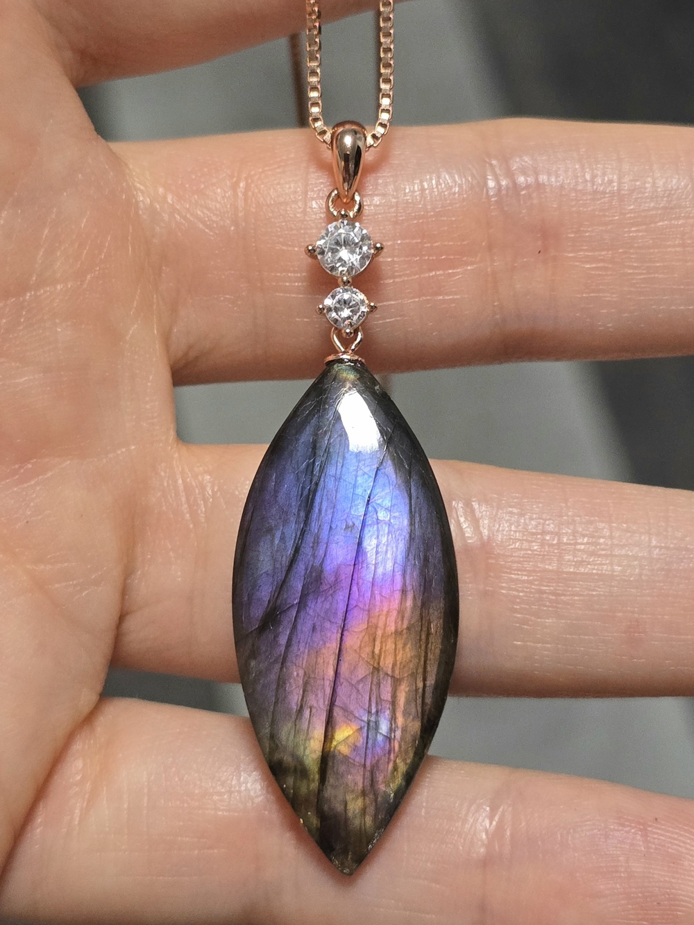 Rose Gold Plated 925 Sterling Silver Labradorite Pendant Necklace + CZ Accents